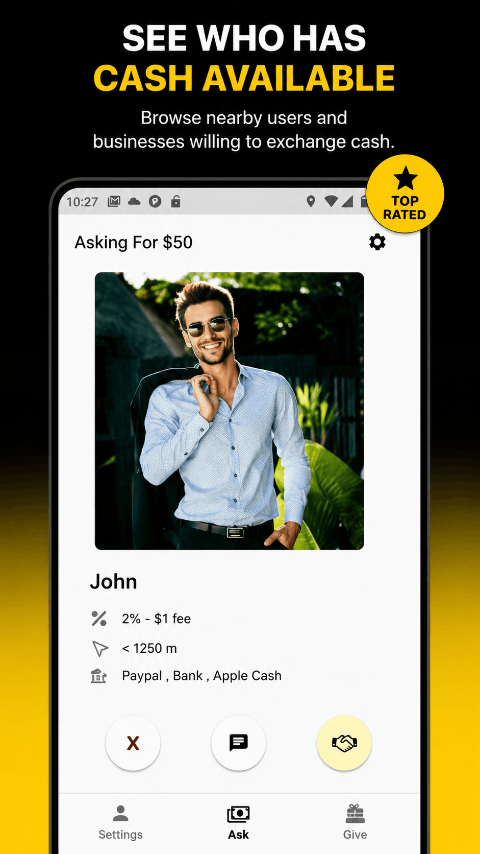 Cashtic app screen showing a nearby cash request with a giver's commission and fee displayed