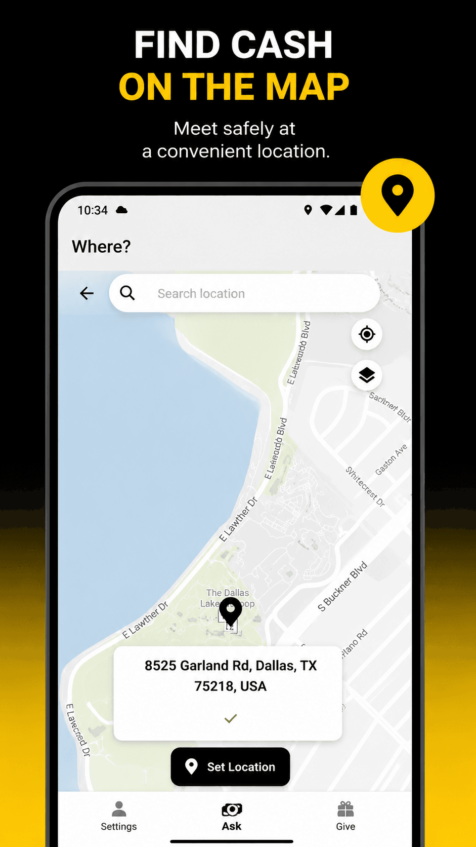 Cashtic app map screen for choosing a safe, public meeting location